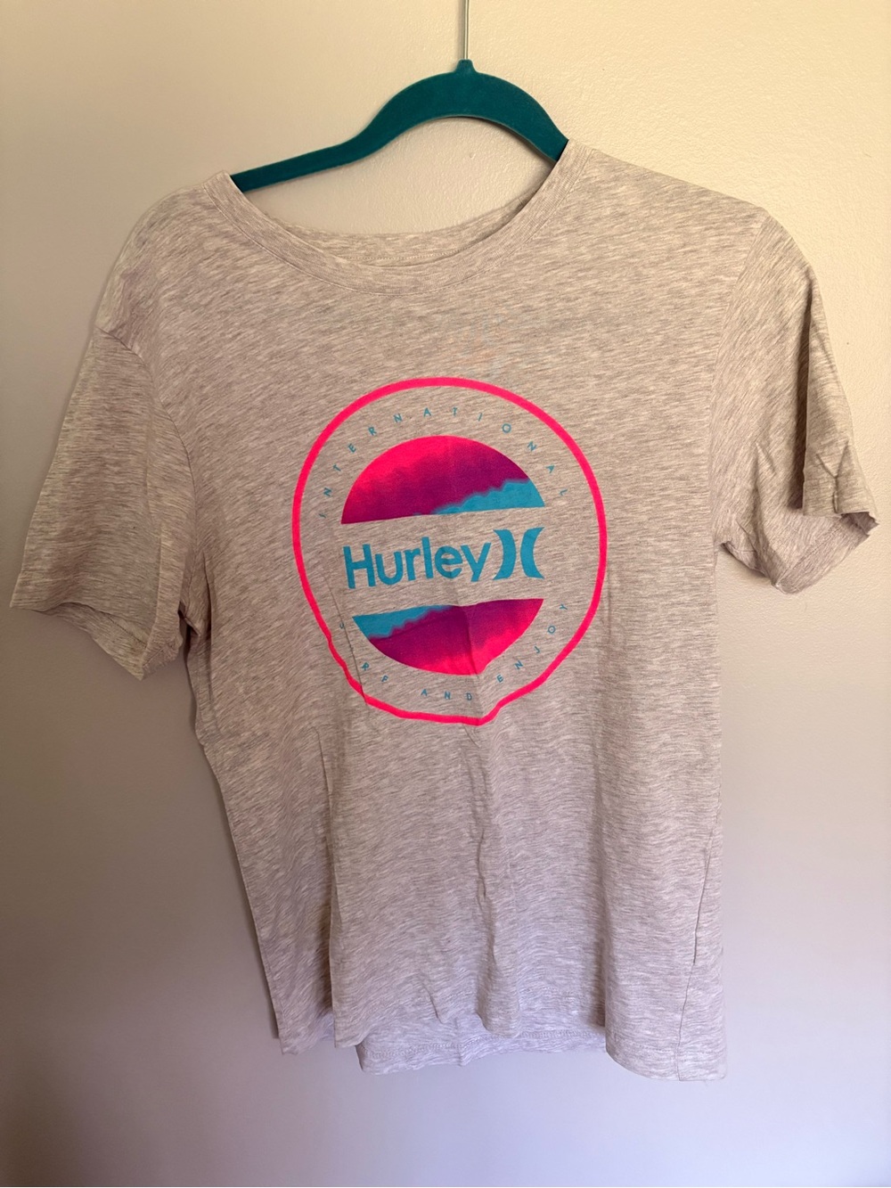 Hurley Heather Gray Short Sleeve Tee with Pink & Teal Logo
